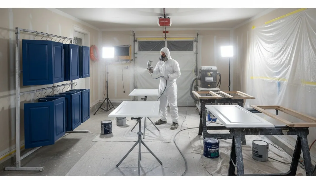 Professional cabinet painting process in Reading MA showing smooth sprayed kitchen finish by local painters