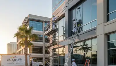 Professional commercial painters in Reading MA applying fresh exterior paint to local business building