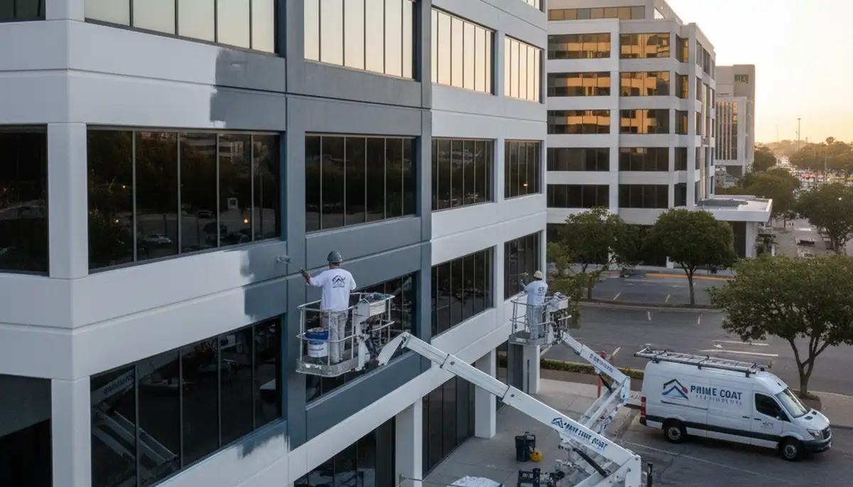 Professional commercial painters working on business exterior in Reading, MA