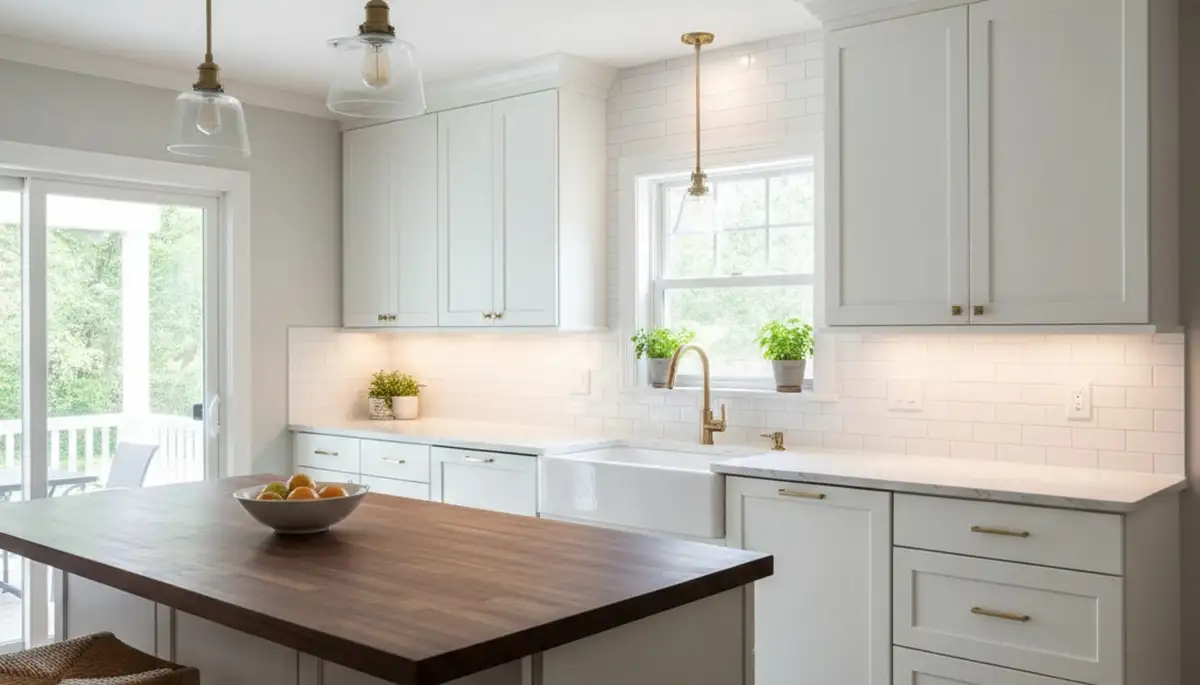 Refinished kitchen cabinets in Reading MA with smooth, durable paint finish by local house painting experts