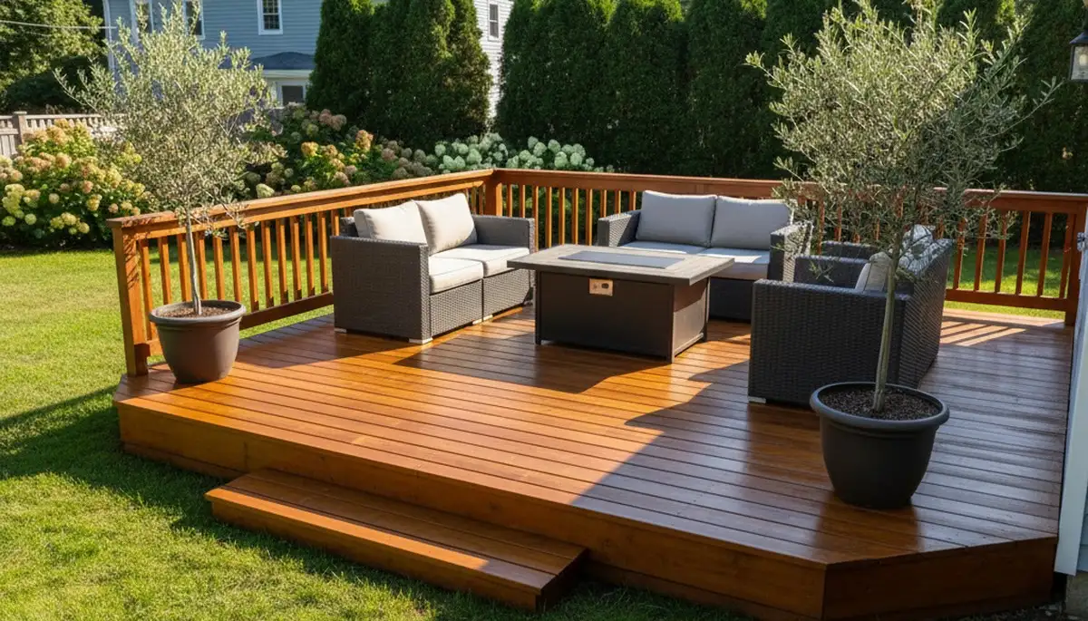 Finished deck staining in Reading, MA showing restored wood and durable weather-resistant finish