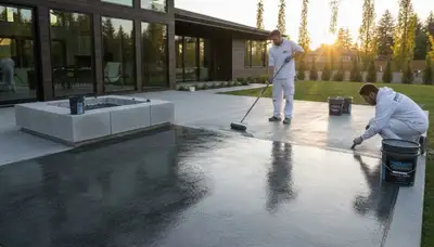 Professional concrete staining on residential driveway in Reading, MA by expert house painters