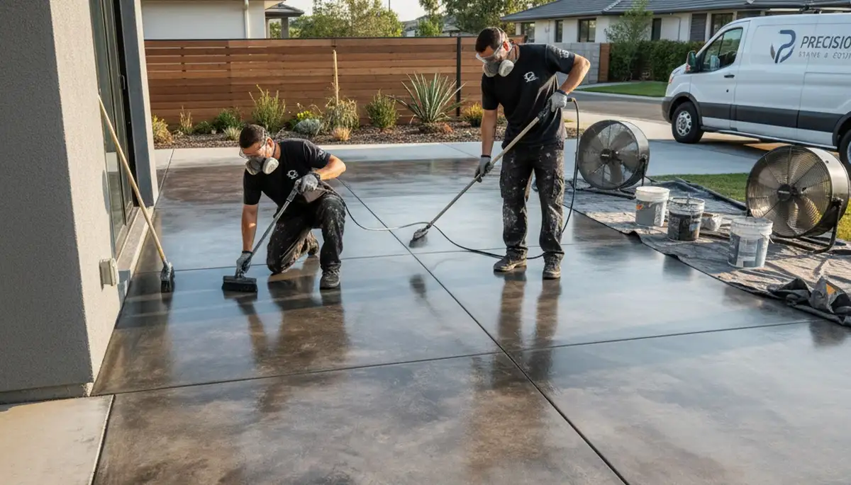 Professional concrete staining on residential driveway in Reading, MA by expert house painters