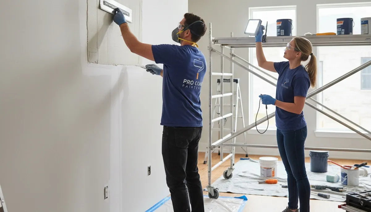 Painter repairing drywall crack in Reading, MA home for expert wall restoration and smooth finish