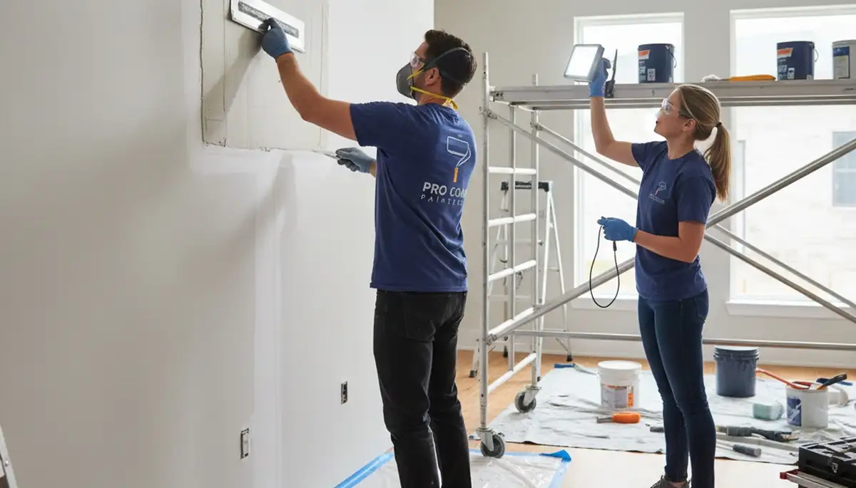 Painter repairing drywall crack in Reading, MA home for expert wall restoration and smooth finish