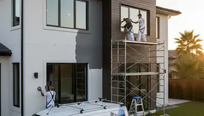 Professional exterior house painters in Reading MA applying weather-resistant paint finish