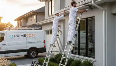 Professional gutter painting on a Reading MA home by expert house painters restoring exterior appeal