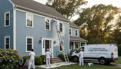 Professional house painters working on residential exterior in Reading, MA