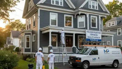 Professional house painters finishing exterior home project in Reading MA