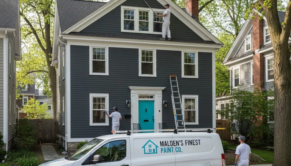 Professional house painters working on residential exterior in Reading, MA