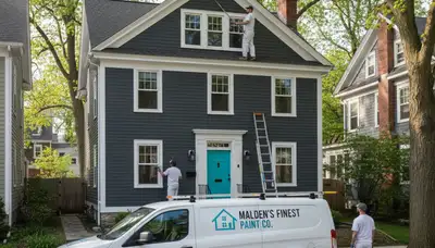 Professional house painters working on residential exterior in Reading, MA