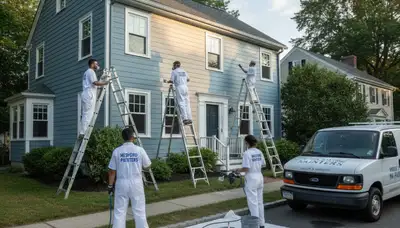 Professional house painters finishing exterior home in Reading MA