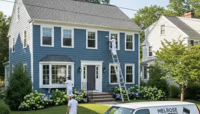 Professional house painters working on exterior home in Reading MA