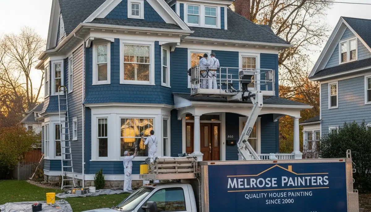 Professional house painters completing exterior home painting in Reading, MA
