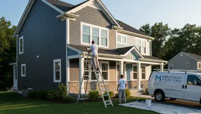 Professional house painters in Reading MA applying exterior paint to a residential home façade