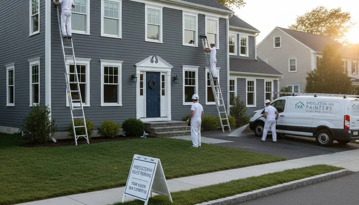 Professional house painters completing exterior home painting project in Reading, MA