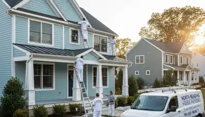 Professional house painters working on residential exterior in Reading, MA