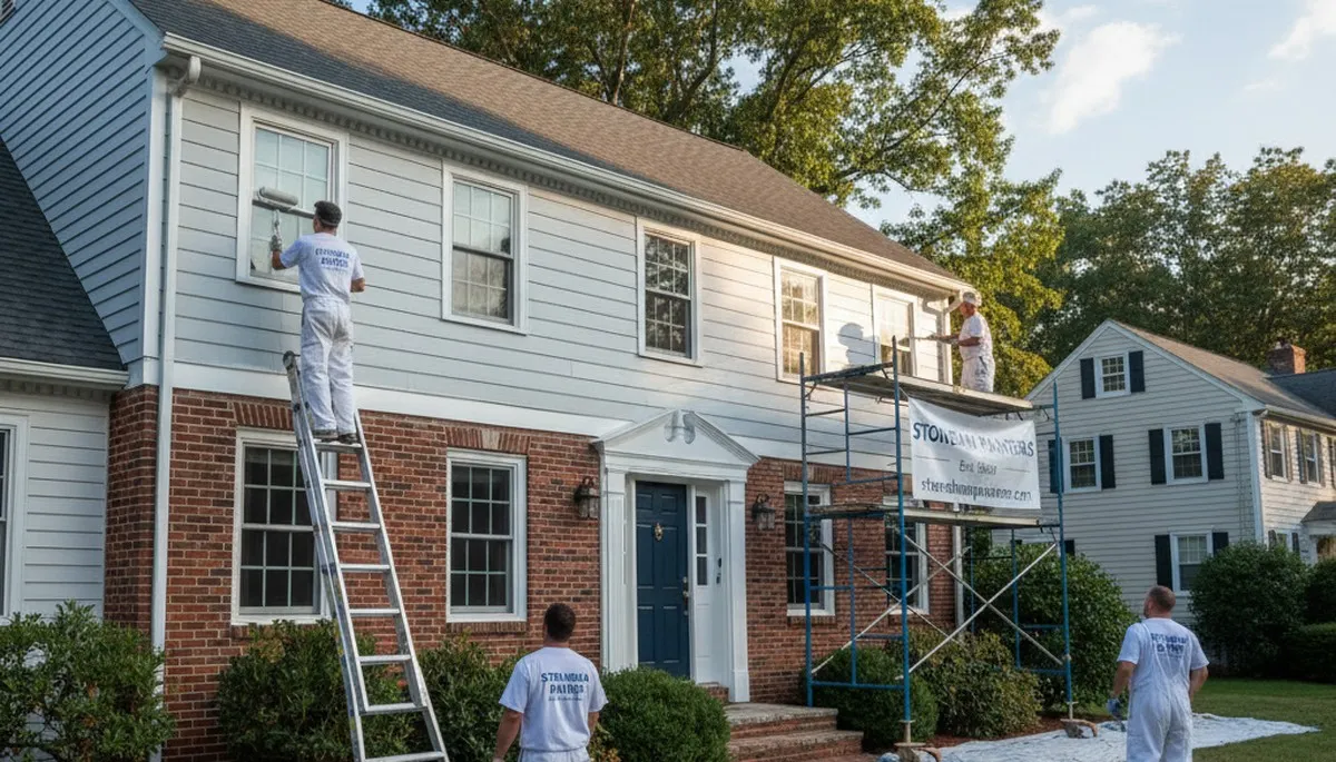 Professional house painters working on exterior home finish in Reading MA