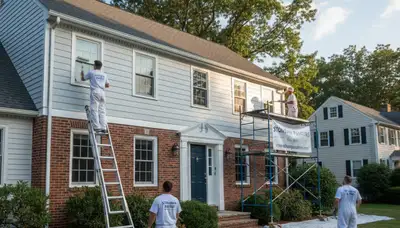 Professional house painters working on exterior home finish in Reading MA