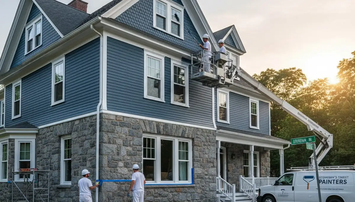 Professional house painters in Reading MA applying fresh exterior paint to residential home
