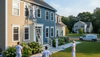 Professional house painters working on residential exterior in Reading MA