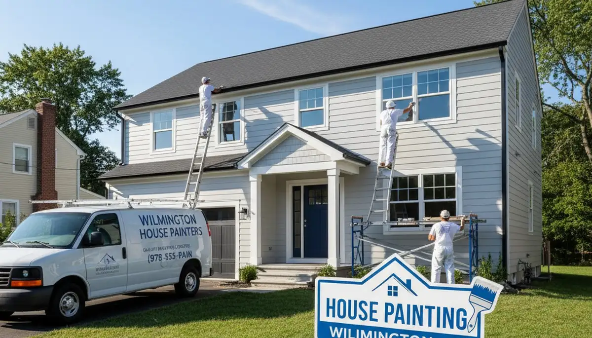 Professional house painters working on residential exterior in Reading MA
