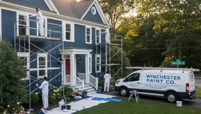 Professional house painters working on exterior home in Reading, MA