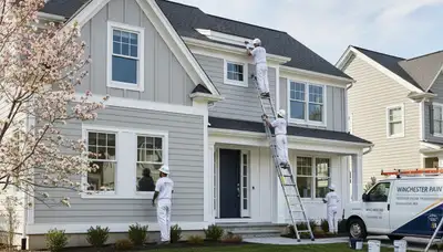 Professional house painters working on residential exterior in Reading MA