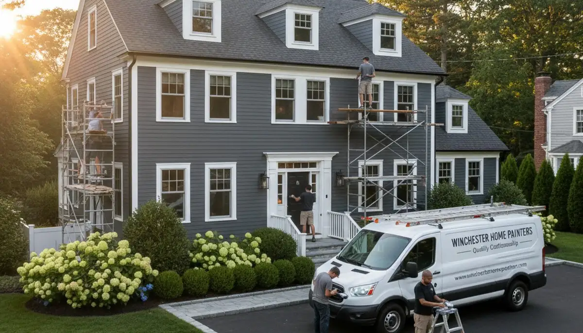 Professional house painters working on residential exterior in Reading, MA