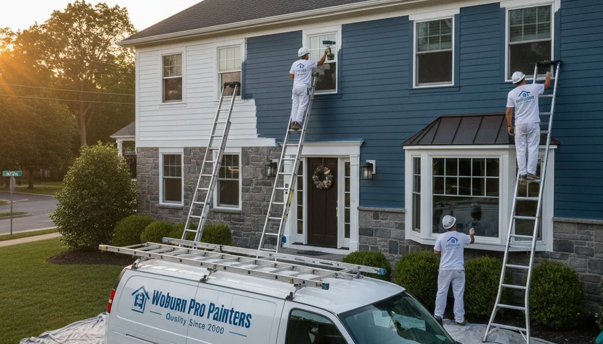 Professional house painters working on exterior home in Reading, MA