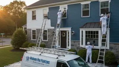 Professional house painters working on exterior home in Reading, MA