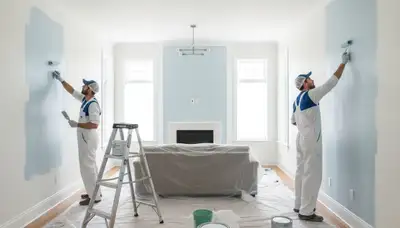 Professional interior house painters working in Reading, MA living room with fresh wall colors