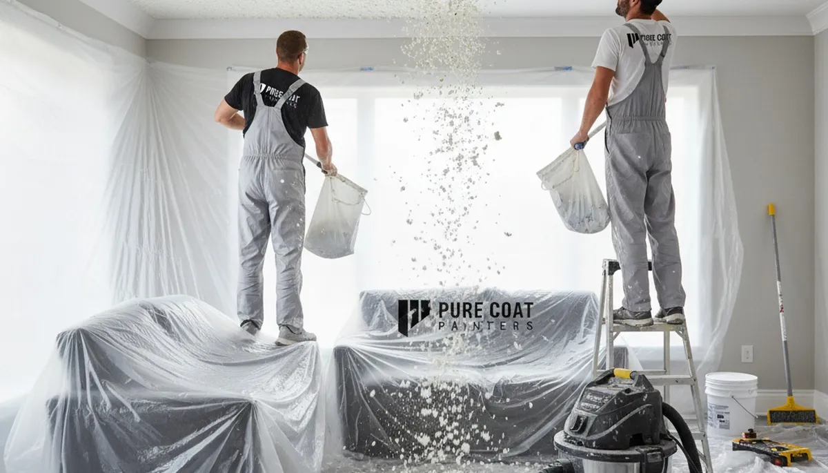 Professional popcorn ceiling removal and refinishing in Reading, MA home by expert painters